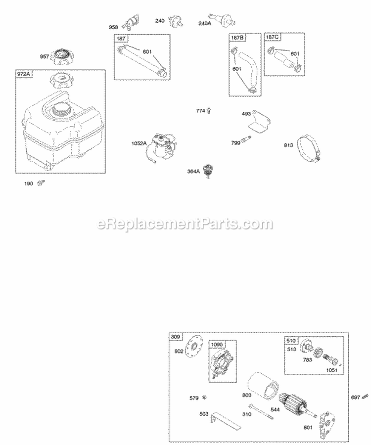 Electric Starter Fuel Supply Diagram and Parts List for 207432-0115-E1  Briggs and Stratton Engine